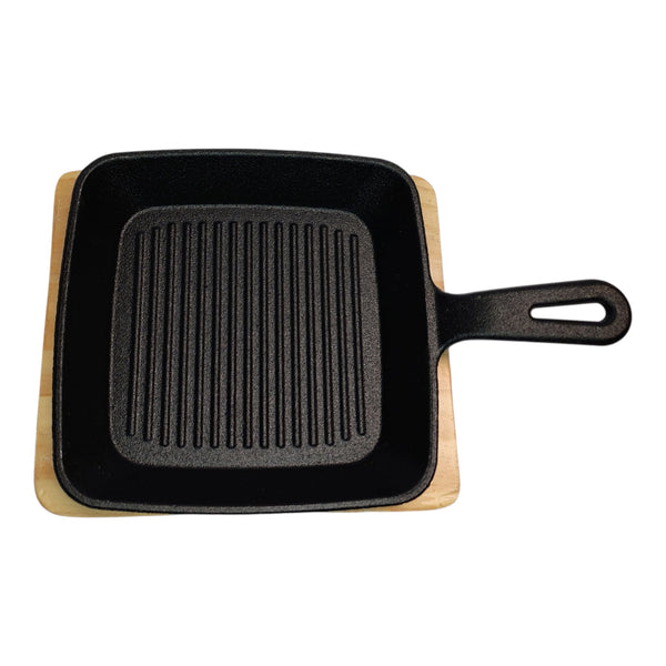 SARTEN HIERRO FUNDIDO CON BASE MADERA 20CM MULTIMENAJE