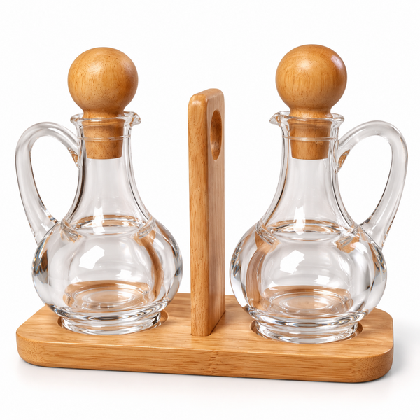 Set Aceitera y Vinagrera Acrílica con Base de Bambú 3 Piezas - Multimenaje