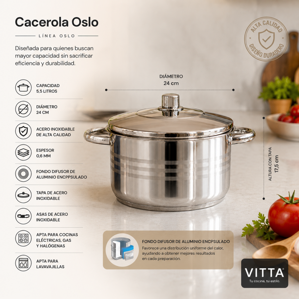 Olla Para Cocina 20 cm 3,3 Litros Acero Inoxidable Plateado Oslo - Vitta