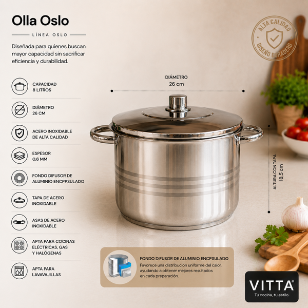 Olla Alta Para Cocina 26 cm 8 Litros Acero Inoxidable Plateado Oslo - Vitta