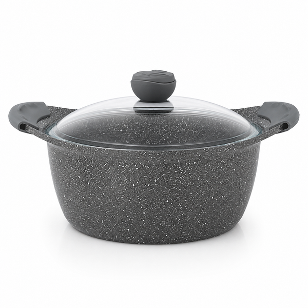 Cacerola Antiadherente Granito Gris 26 cm con Tapa de Vidrio - OMS