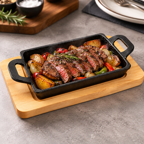 Plato Rectangular de Hierro Fundido con Base de Madera 20x12 cm - Multimenaje