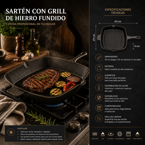 Sarten Con Grill Cuadrado De Hierro Fundido 43x29x6cm - Multimenaje