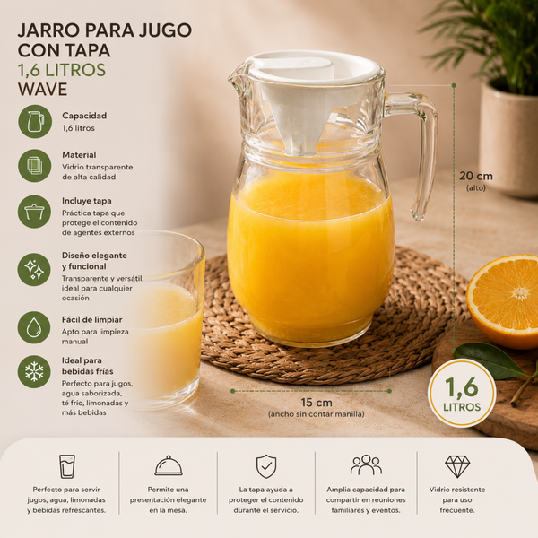 Jarro Para Jugo Con Tapa 1,6 Litros Vidrio Transparente - Viita