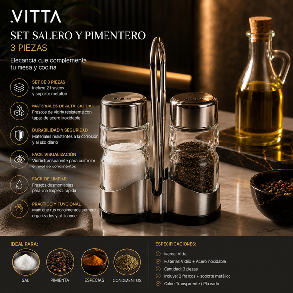 Set Salero y Pimentero Vidrio Acero Inoxidable Vitta 3 Piezas