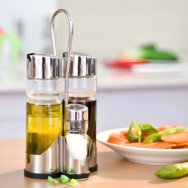 Alcuza 4 Piezas Vidrio Tapa Acero Inoxidable 23x10cm Vitta