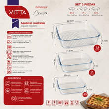 Asaderas Para Horno Cuadradas Set 3 Piezas Vidrio Transparente - Vitta